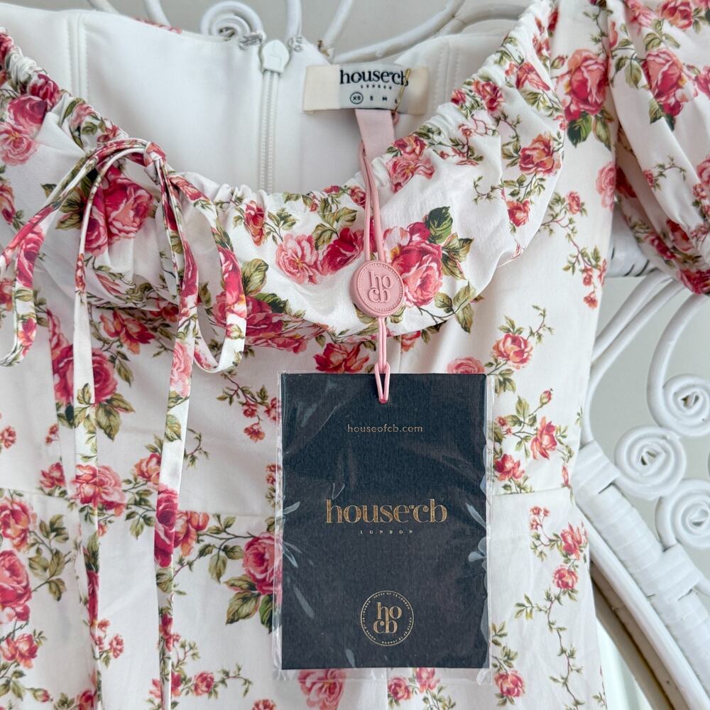 House of CB Tallulah Dress XS Floral Puff Sleeve Rose Print Coquette Romantic - Picture 8 of 13